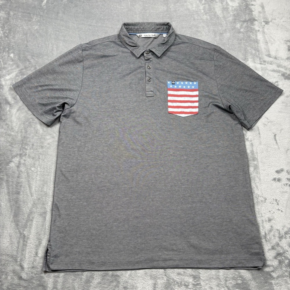 TravisMathew Polo Shirt XL Grey American Flag Pocket Golf Casual USA Patriotic